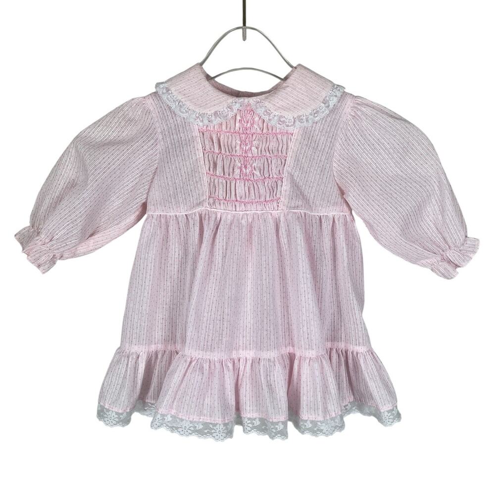 Vintage Polly Flinders Smocked Dress Pink Polka Dots Lace Girls Size 12 Months